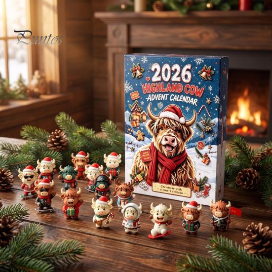 Countdown to Christmas 24 Days 3D Highland Cow Advent Calendar 2026, Festive Gift Box with Cute Farm Cattle Mini Figurines for Holiday Desk Ornaments