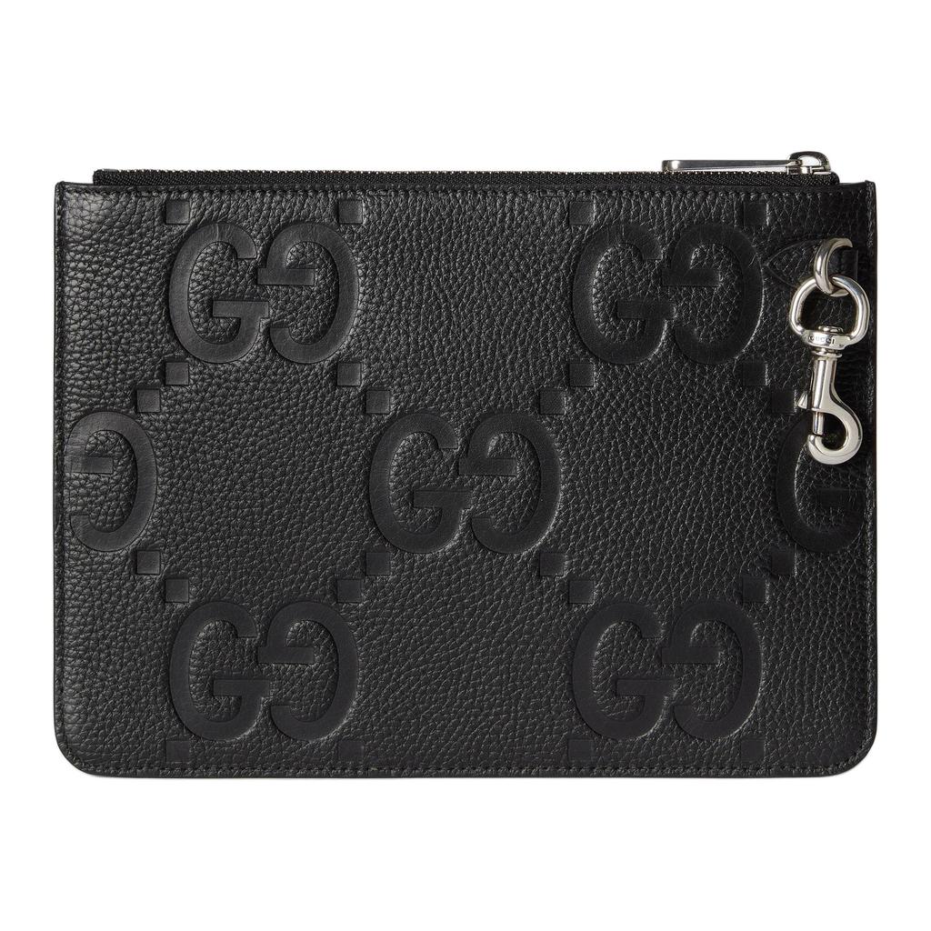 Gucci Double G Logo Zippered Grain Leather Clutch Large Men clutch Black 821102-AABY0-1000