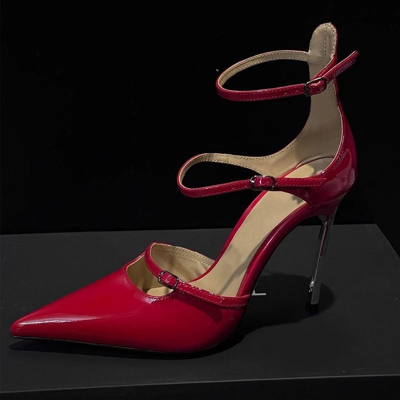 Fashion Spring New Stiletto High Heels for Women Fashion Pointed Head Shallow Mouth Metal Buckle One-line Strap Heel Sandals