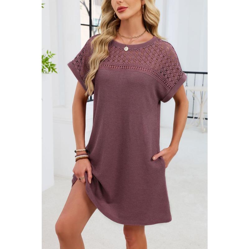 Spring/Summer Lace Splicing Loose Short Sleeve Dress New Solid Color Sweet A-line Dresses Round Neck Elegant Solid Color Casual Simple Party Clothing