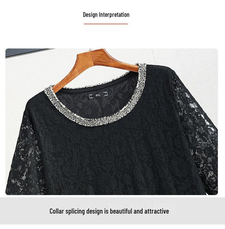 Schwarzes Übergrößen-Spitzenkleid - Damen Herbst Kurzes Schlank machendes Kleid mit Sieben-Ärmel-Design