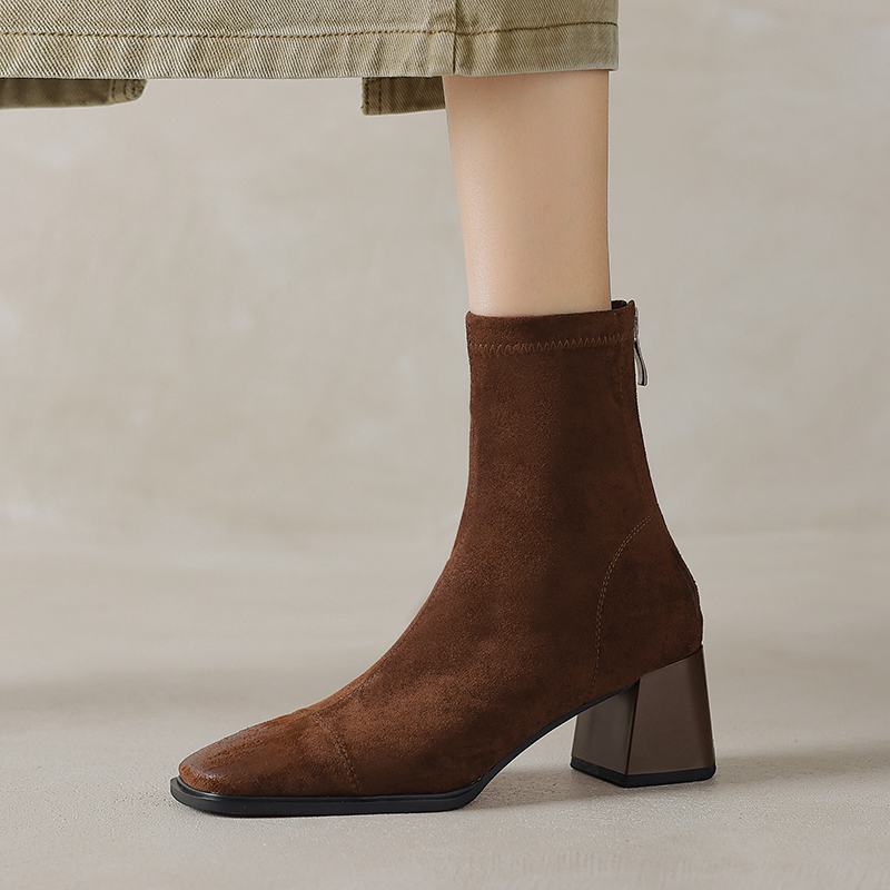 Krazing Pot Microfiber Flock Square Toe Winter Thick High Heels Fashion Boots Women Size 42 Elegant Patch Work Ankle Boots