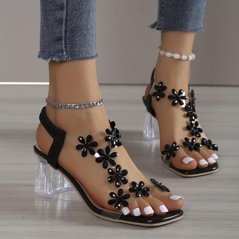 Women's Flower Rhinestone Block Heel Sandals, Fashion Square Open Toe Elastic Strap Slip On High Heels, Versatile Sandals