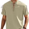 Men's Beach Shirt Short Sleeve Lace Up Hippie T-shirt Cotton Linen Bandage V-neck Pirate Shirts
