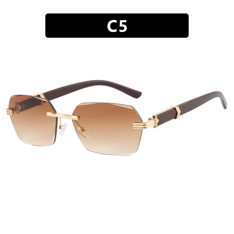 Trendige rahmenlose unregelmäßige quadratische Sonnenbrille mit kleinen Holzmaserbeinen