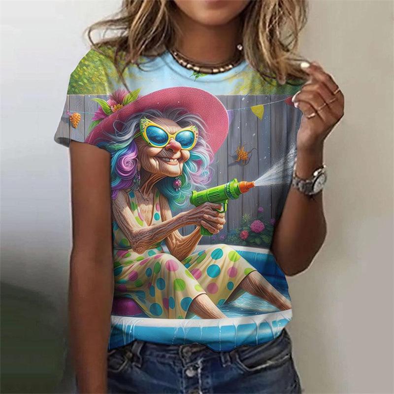 Summer Round Neck 3D Cartoon Grandma Image Pattern Printed Top Fashionable Casual Short Sleeved Women's T-shirts