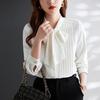 Women Shirt Stand Collar Lace-up Bowknot Long Sleeve Pleated Pullover Tops Solid