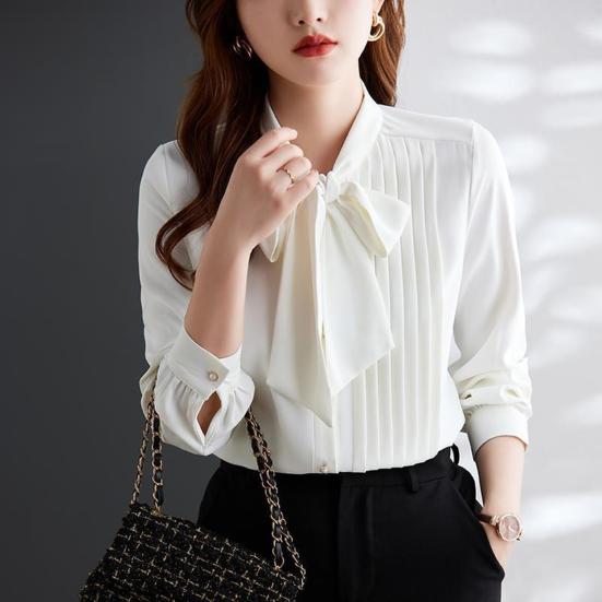 Women Shirt Stand Collar Lace-up Bowknot Long Sleeve Pleated Pullover Tops Solid