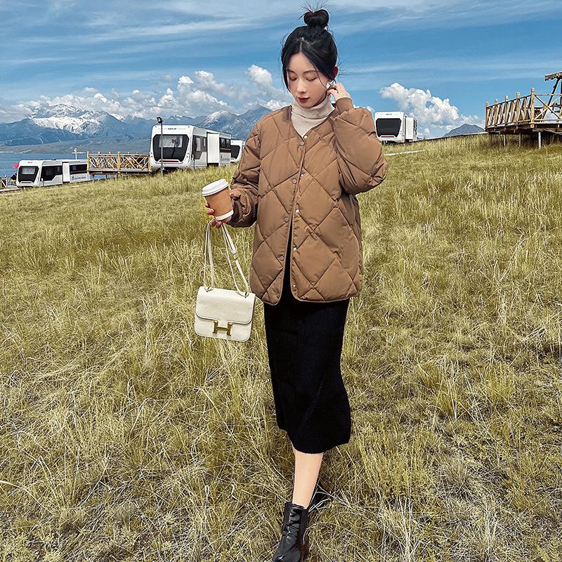 Autumn and winter new cotton clothes women's fashion round neck short rhombus grid versatile cotton-padded clothes loose coat