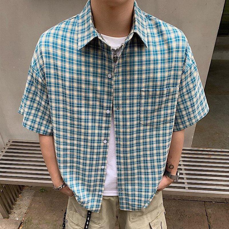 Summer Stylish Short Sleeve Shirt Men's Streetwear Vintage Button Up Turn Down Collar Shirts Trendy Men Plaid Printed