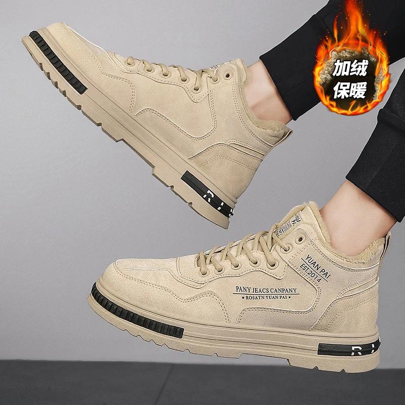 Winter Herrenschuhe Leder Freizeitschuhe Plus Samt Warm Schnürstiefel Trendige Allround-Anti-Rutsch-Sneaker Flache Stiefeletten