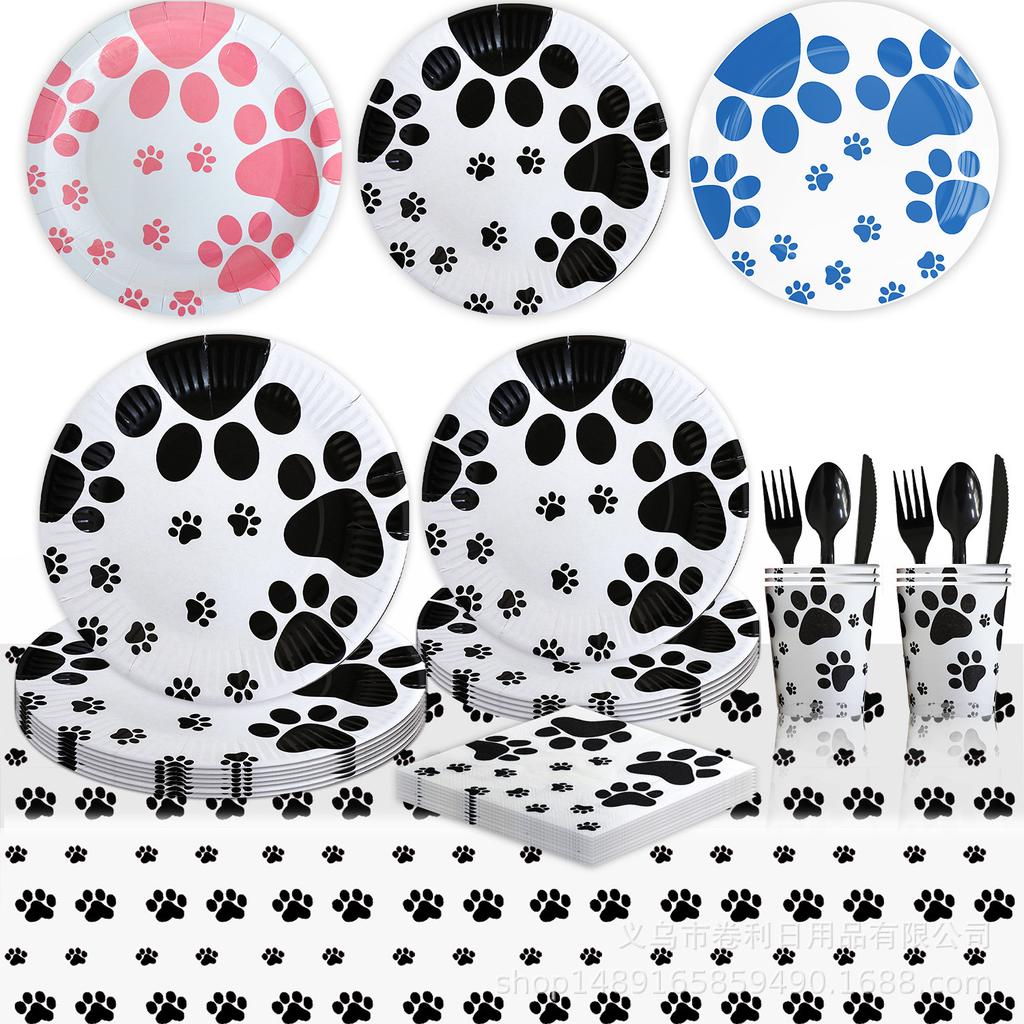Custom Dog Paw Theme Party Supplies Dog Paw Party Decoration Pennant Disposable Tableware Paper Cup Tablecloth