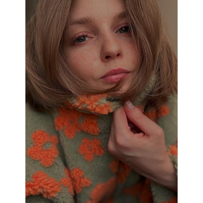 Autumn Winter Women's Sherpa Floral Pullover Hoodies Half Zip Style Loose Fit Warm Stylish Sweatshirt