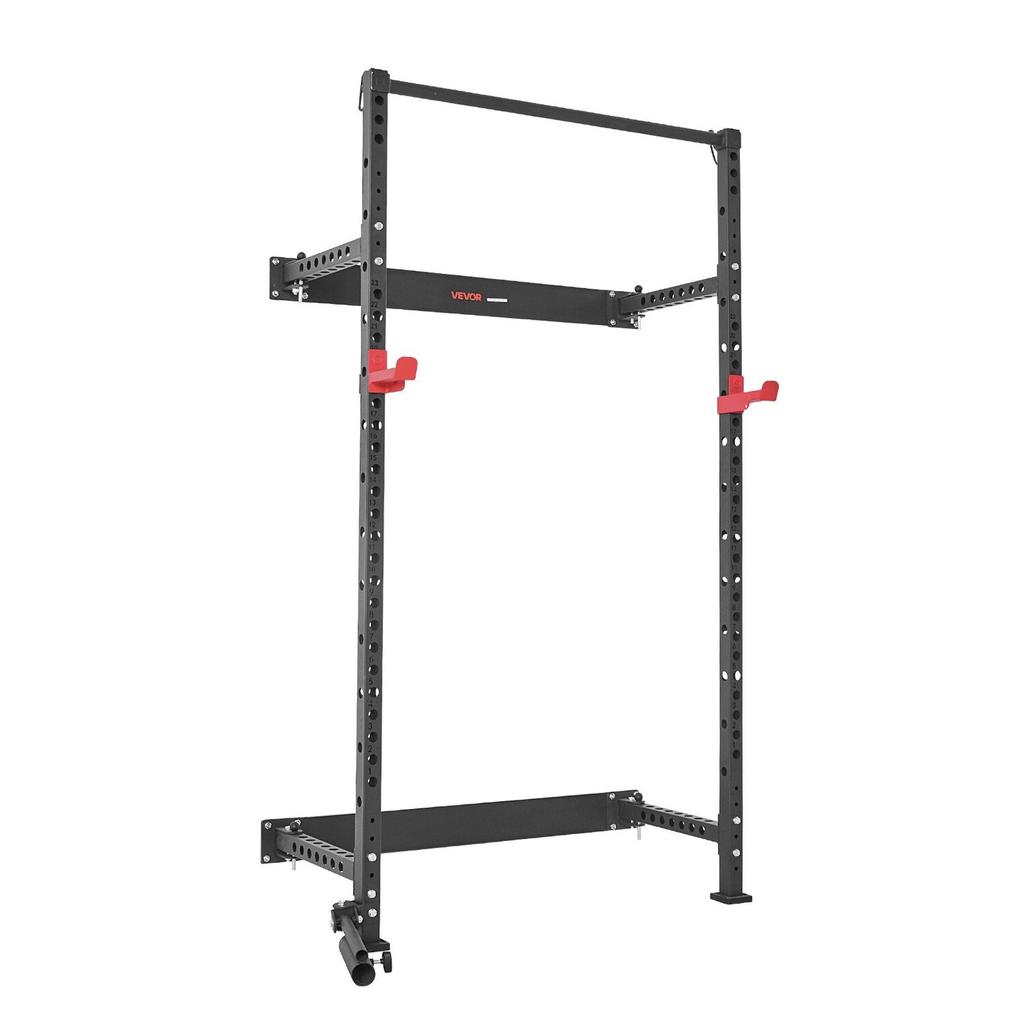 Folding Power Cage, Wall-Mounted Power Rack Squat Rack, Multifunctional Strength Training Workout Equipment with Landmine Holder, Adjustable J-Hooks &