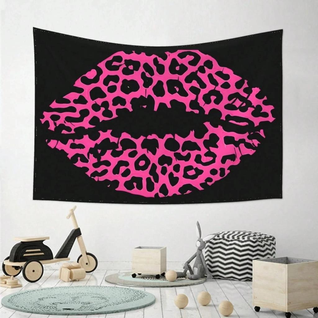 Pink Leopard Print Lips Tapestry Edgy Fashionable Wall Decor for Living Room Unique Glam Style High Quality Home Decor Accessory