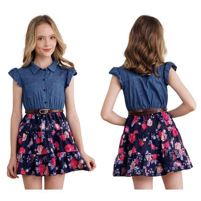 Kids Floral Print Dress Lapel Collar Flutter Sleeve Button Closure Denim Top Elastic Waist A Line Summer Dress