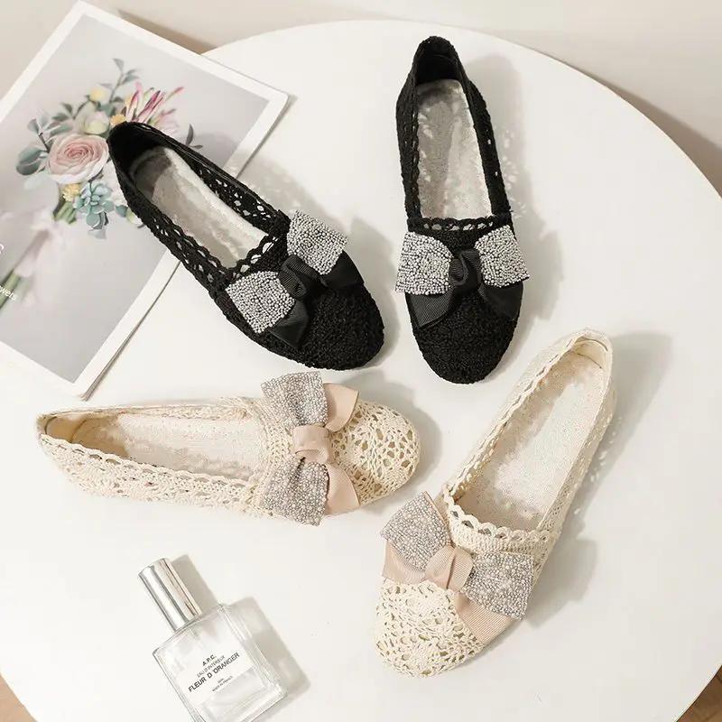 Fashion Women's Flat Shoes Net Hollow With Bow Heel Slip On Social Elegant and Fashionable 39 Quick Delivery Chic Shoe Ladies Footwear