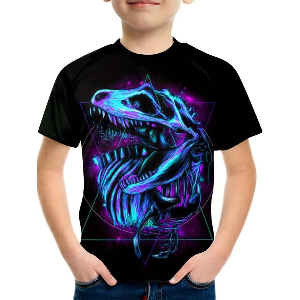 Boy realistic 3D dinosaur print children's short sleeved summer casual top loose T-shirt children's clothing