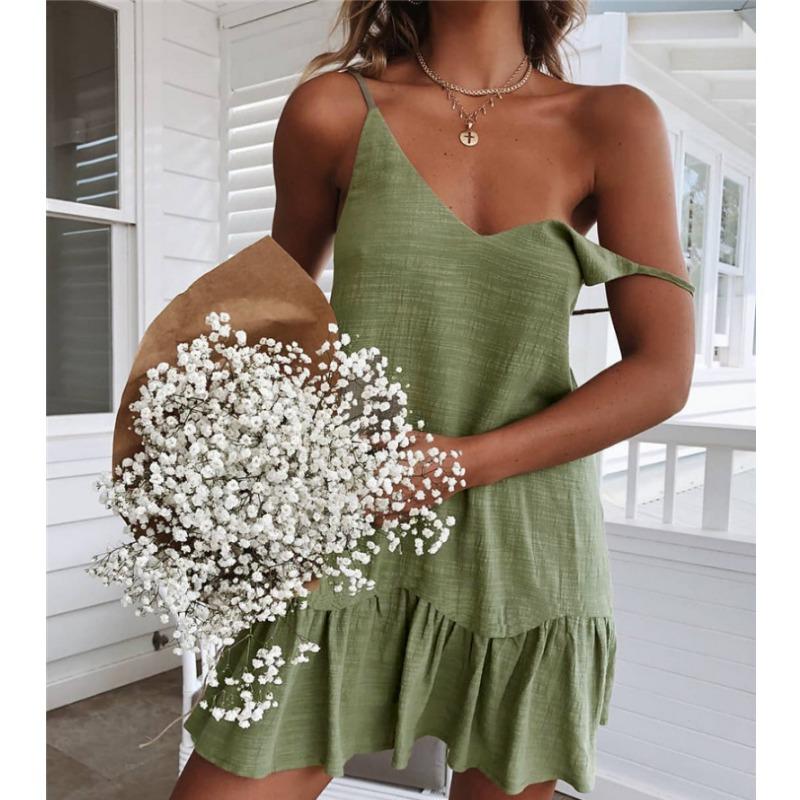 

YYFS Женская мода лето весна однотонный принт без рукавов V-образный вырез свободная талия повседневные платья XL зелёный