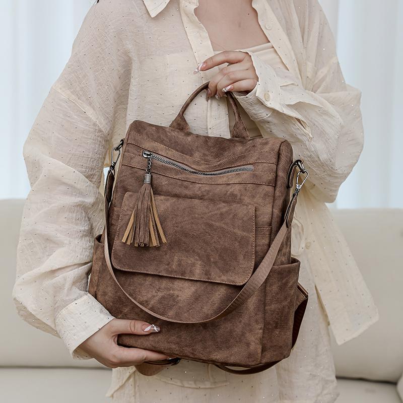 Women's Soft Leather Backpack Large Capacity Student Commuter Schoolbag Tassel Travel Backpack