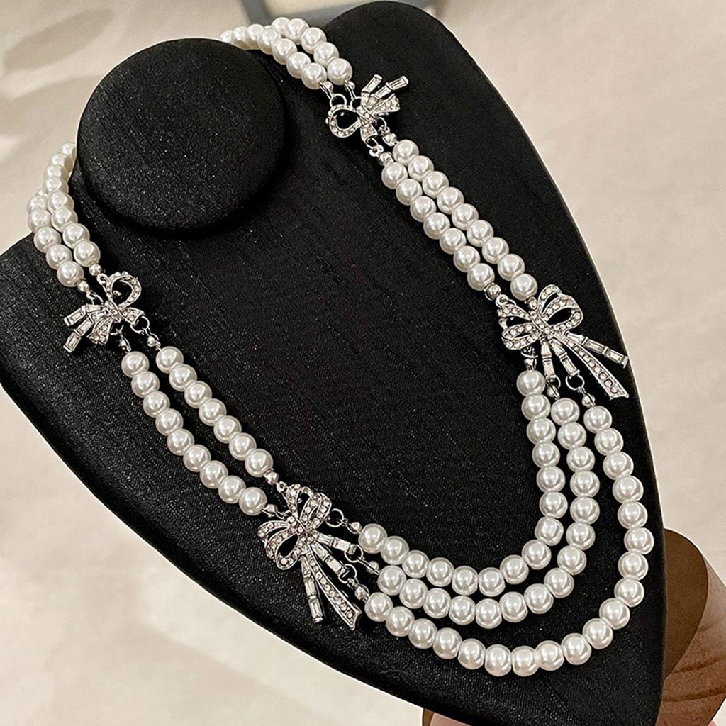 Elegant Layered Necklace with Faux Pearls and Bowknot Multi Layer Neckchain Fashionable Women Jewelry Wedding Accessory