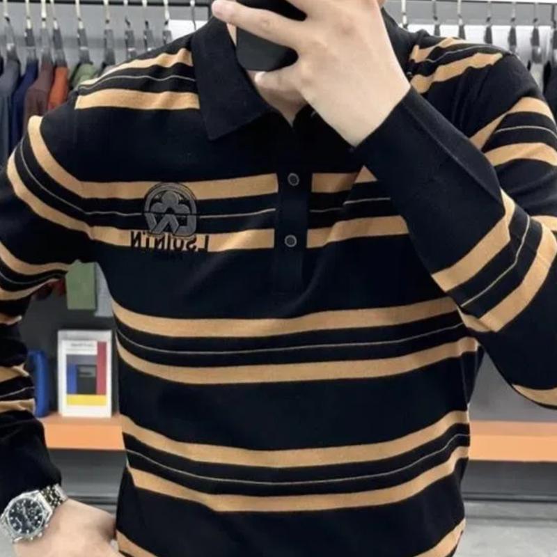 Herbst Einfach Luxus Revers Gestreift Kontrastierend Poloshirt Langärmlig Modisches Hemd Kragen Gestrickt für Herren