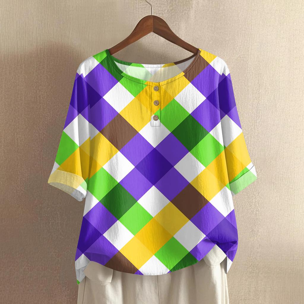 Women's Casual And Comfortable Mid-Length Round-Neck Fashion Print Cotton-Linen Top