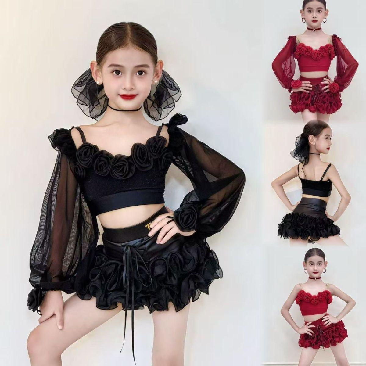 Line dance costume new products clothing women Latin dance skirt girl dance stage costume luxury rose flower Dance wear 120