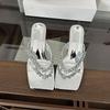 Fashion Luxury Fashion Rhinestones Women Low Heel Slippers Square Toe Ladies Heeled Slippers Sandals Shoes Female Slides Flip Flops