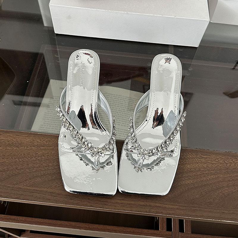 Mode Luxusmode Strasssteine Damen Niedriger Absatz Hausschuhe Quadratische Zehenpartie Damen Absatz-Hausschuhe Sandalen Schuhe Damen Pantoletten Zehentrenner