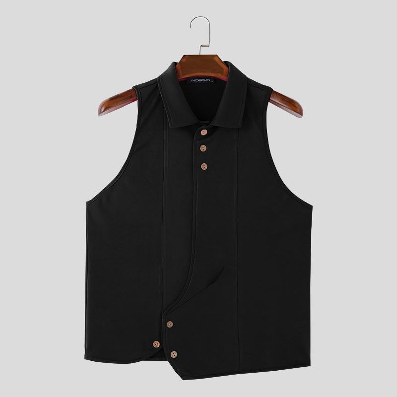 

INCERUN Мужские летние майки с воротником-лацканами, повседневные нестандартные футболки без рукавов 3XL чёрный