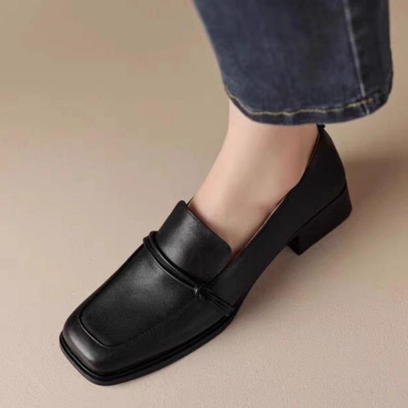 Fashion Classic Loafers Women Genuine Cow Leather Square Toe Pumps Slip-on Retro Lady Casual Cozy Shoes Handmade Size 40