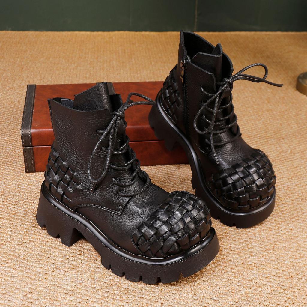 Johnature Retro Genuine Leather Woven Short Boots Lace-up Thick Bottom And Thick Heel Women's Boots