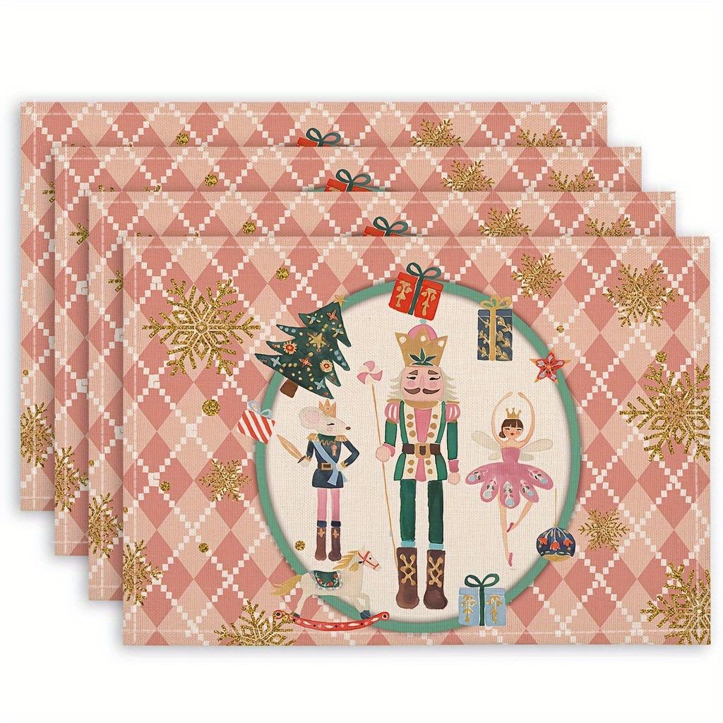 4 adet/6 adet Noel Dekoratif Fındıkkıran Askeri Bale Kar Tanesi Pembe Elmas Desenli Keten Masa Örtüsü, Ev Tatil Partisi Yalıtımlı Masa Matları Kumaş