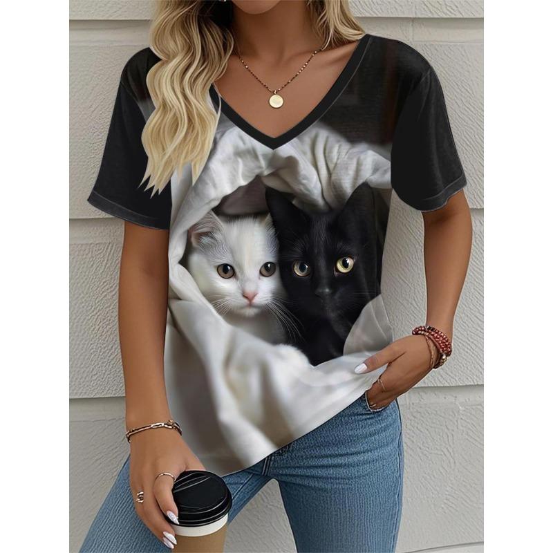 

2025 Новая футболка с V-образным вырезом для женщин с кошкой, Летняя уличная мода, Топы с коротким рукавом, Принты с животными, Одежда для женщин размера оверсайз XS