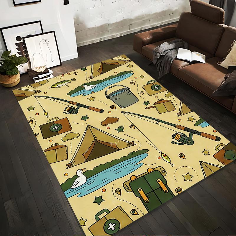 Camping and Fishing Illustrated Carpet with Tents, Gear, and Wildlife Suitable for Use As an Anti-slip for Living Room Bedroom Sofas