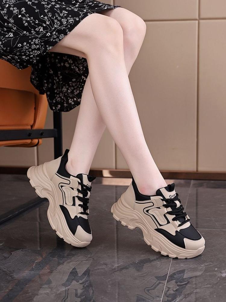 Trending Women's Chunky Sneakers  Leather Anti Slip Thick Sole Sports Shoes Comfortable Fashion Lace Up Footwear
