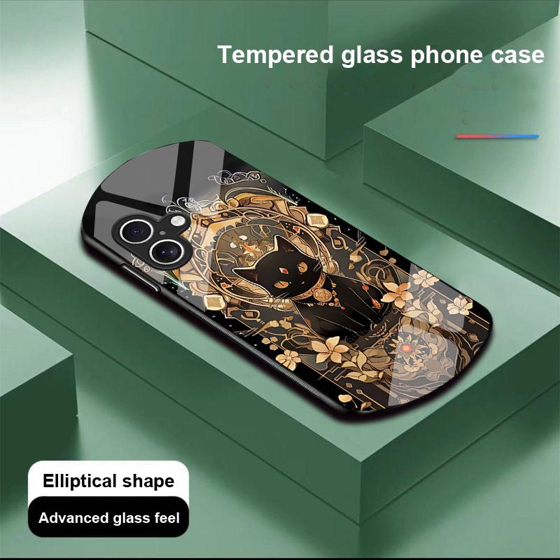 Black Gold Cat For Apple IPhone 16 11 13 15 14 Pro Max 12 Mini 7 8 Plus XR X XS Elliptical Shaped Tempered Glass Phone Case