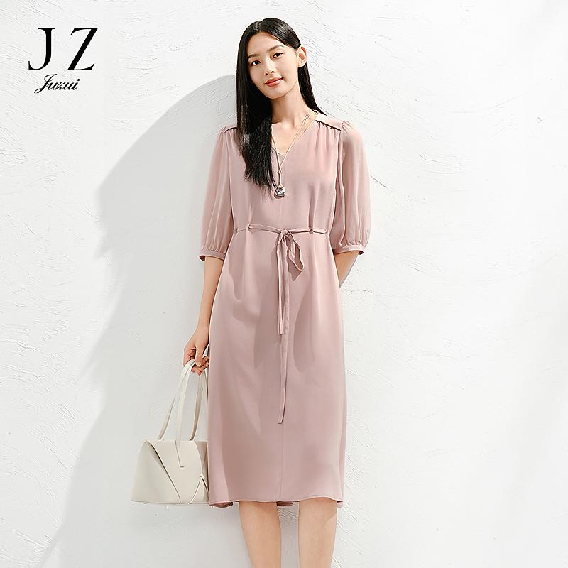 Jiuzi Anna Kou Elegant and Dignified Temperament Extremely Simple Style Mulberry Silk Waist Cinched Dress for Women 2025 Summer New Item