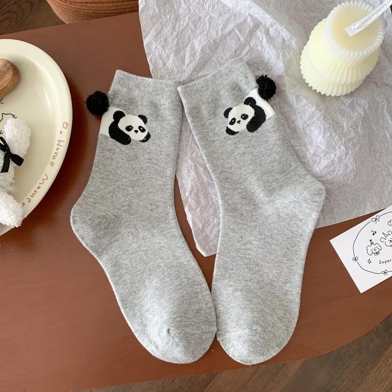Korean Style Cartoon Animal Socks Women's Cute Mid-Calf Solid Color Panda Long Socks Breathable Moisture Wicking Casual Socks
