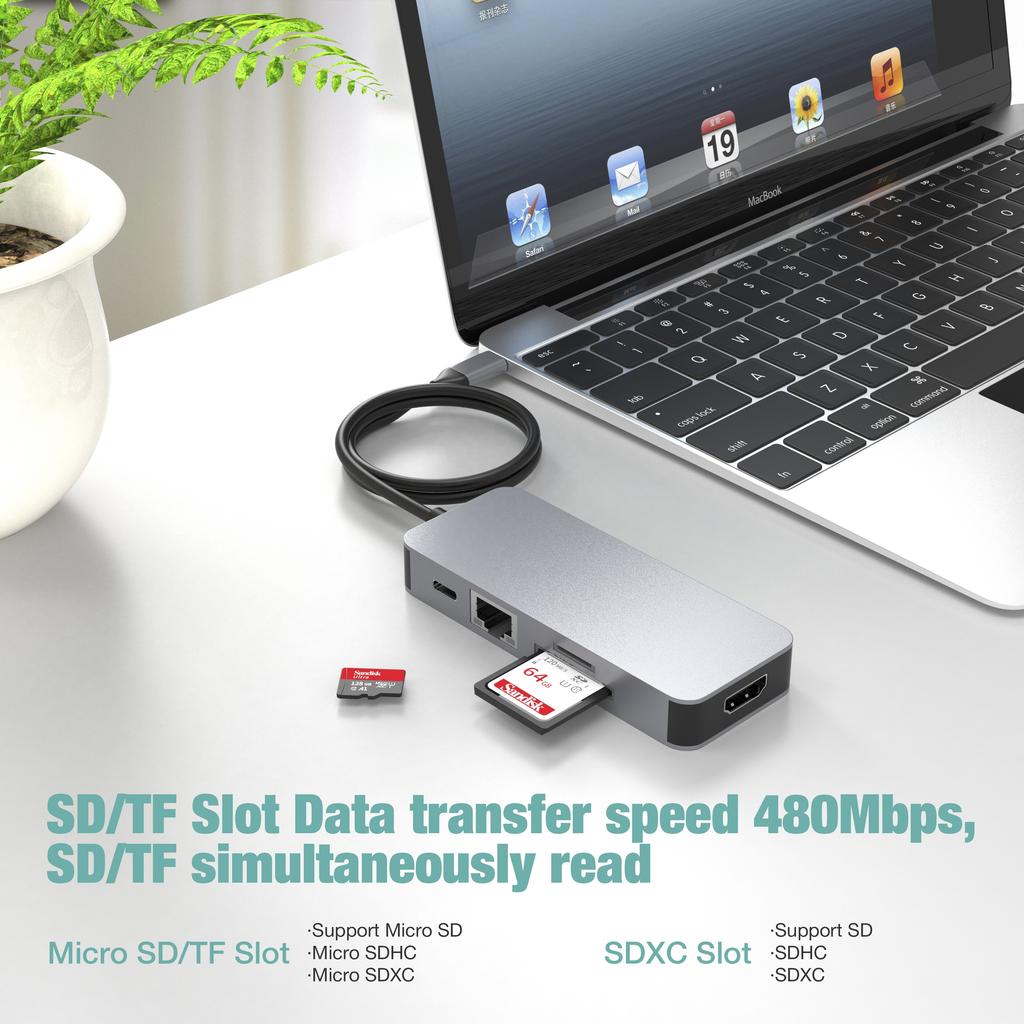 Docking Station with 4K HD PD Usb3.0 SD TF RJ45 Port Type c Hub Support Read 2 Cards Same Time