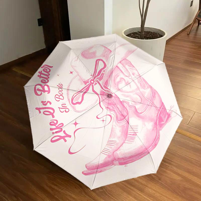 

Pink Cowboy Boots with Hat - Life is Better in Boots - Automatic Opening Umbrella - Portable Folding Design - 8 Bone Iron Frame - Outdoor Ra