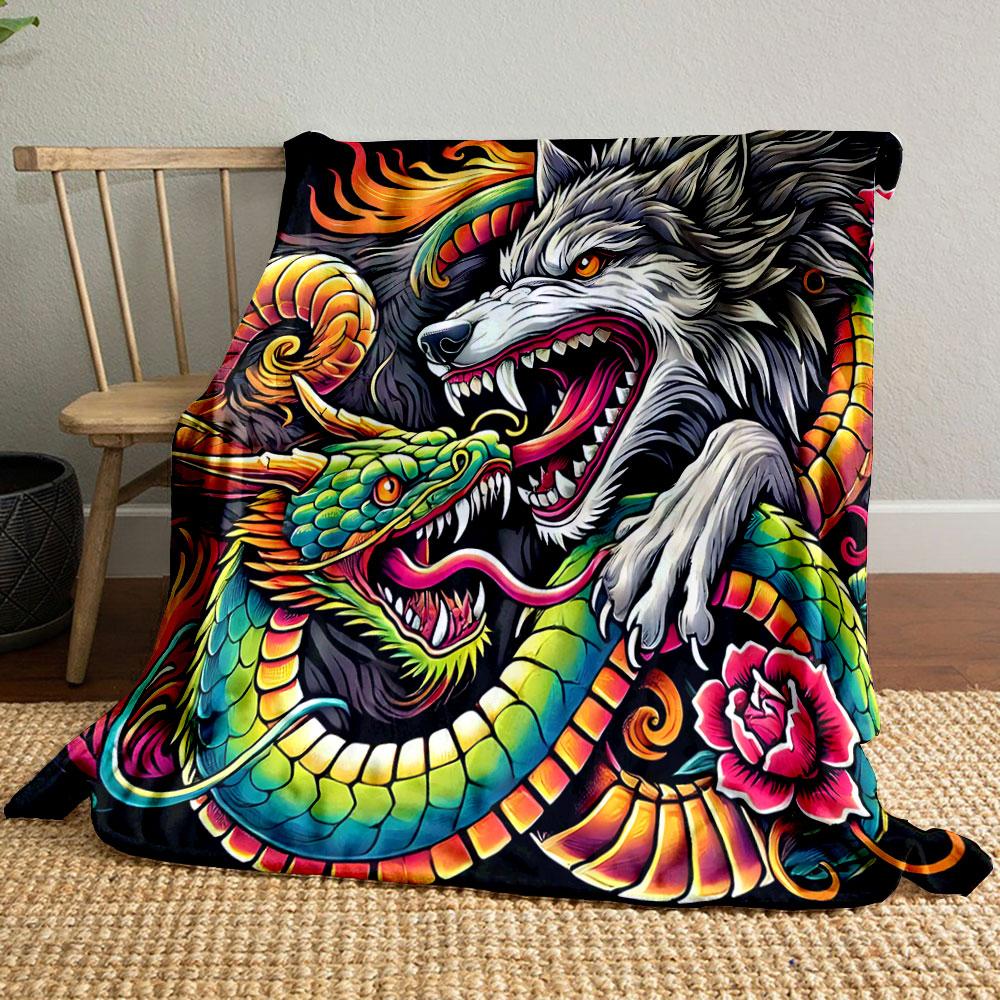 Wolf and Serpent Clash with Fiery Colors Patterned Blanket, Flannel, Suitable for All Seasons, Home Decor, Warm and Cozy