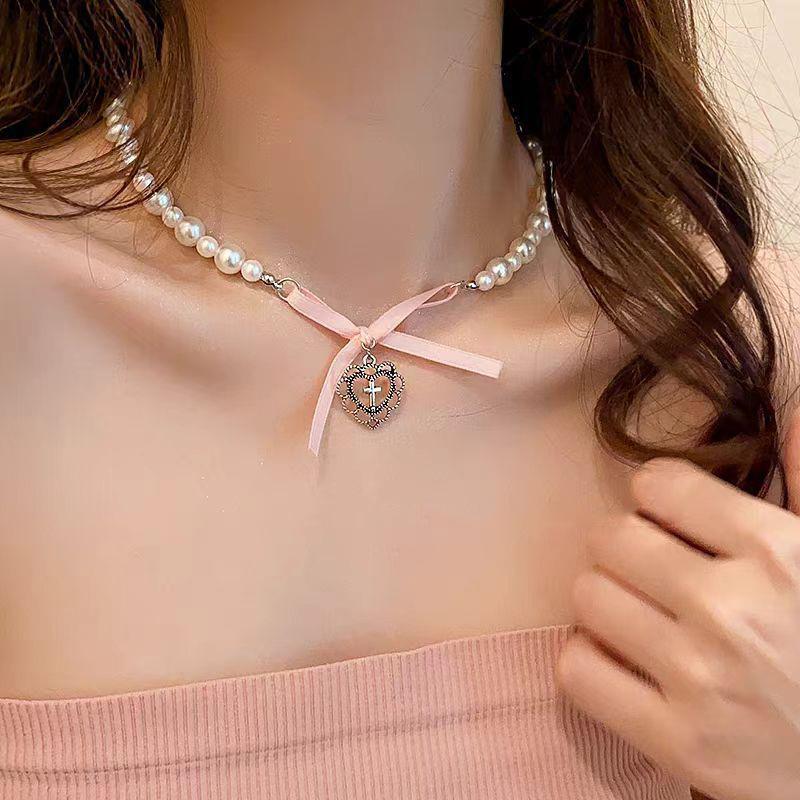 Pink Love Heart Bow Pendant Choker Necklace for Women Zircon Pearl Chain Sweet Aesthetic Jewelry Party Gift