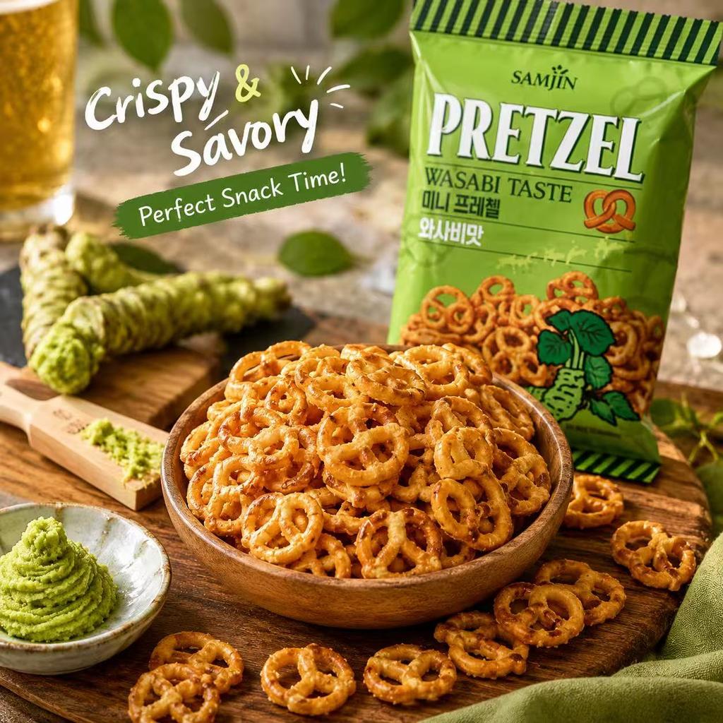 SAMJIN Mini Pretzel Biscuits 70g Wasabi Flavor | Crispy Crunchy Texture, Spicy Wasabi Flavor, Convenient Snack