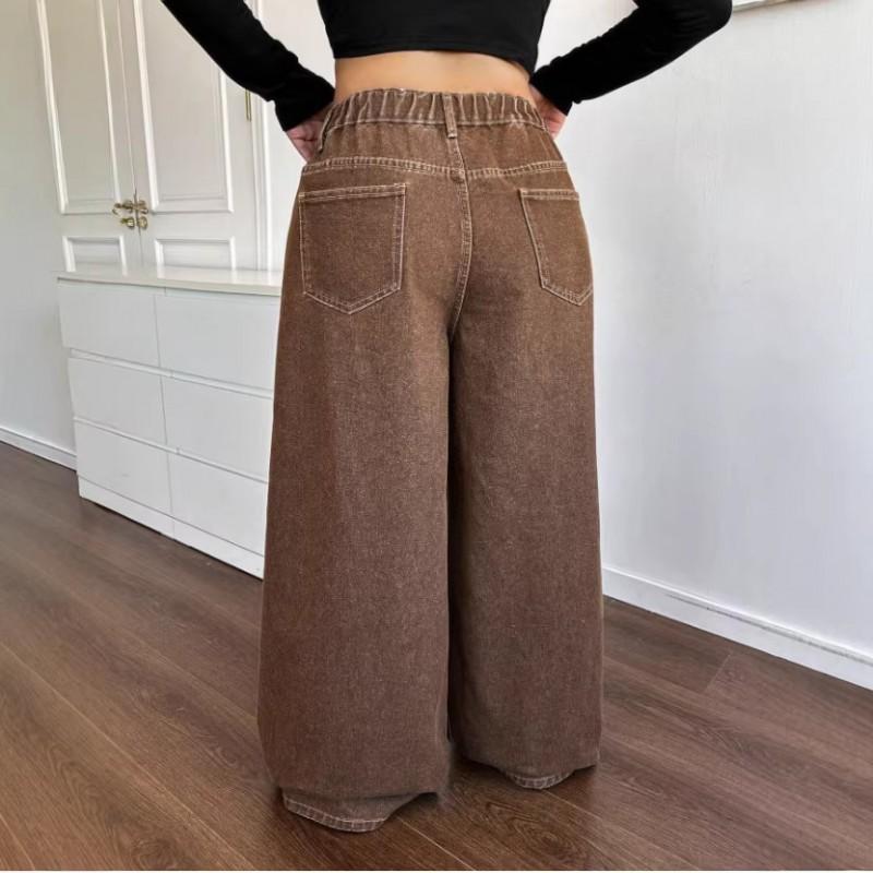 2026 Womens Brown Vintage Washed Relaxed Wide Leg Jeans