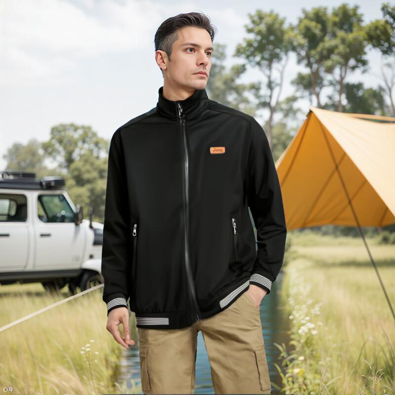 JEEP Men s Casual Washed Solid Color Retro Flight Collar Work Jacket L
