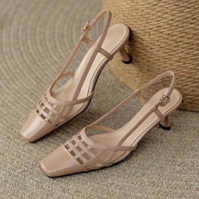 Elegant Heels Fashion Square Toe Hollow Thin Heel Sandals Women Summer Sexy Square Toe Buckle  Shoe Comfort Office Pumps
