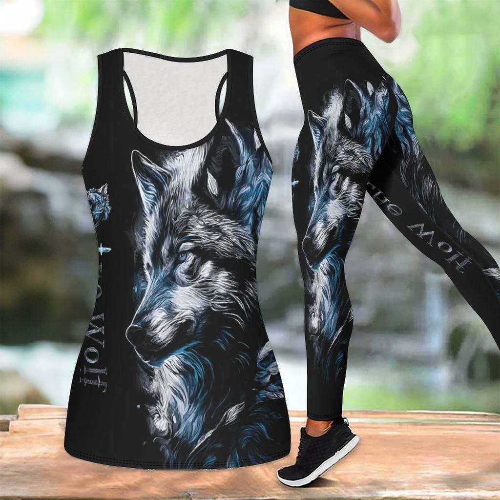 Fierce Wolf Pattern Print Yoga Outfit for Women Fashion Workout Leggings Fitness Sports Casual Yoga Set Sports Suit