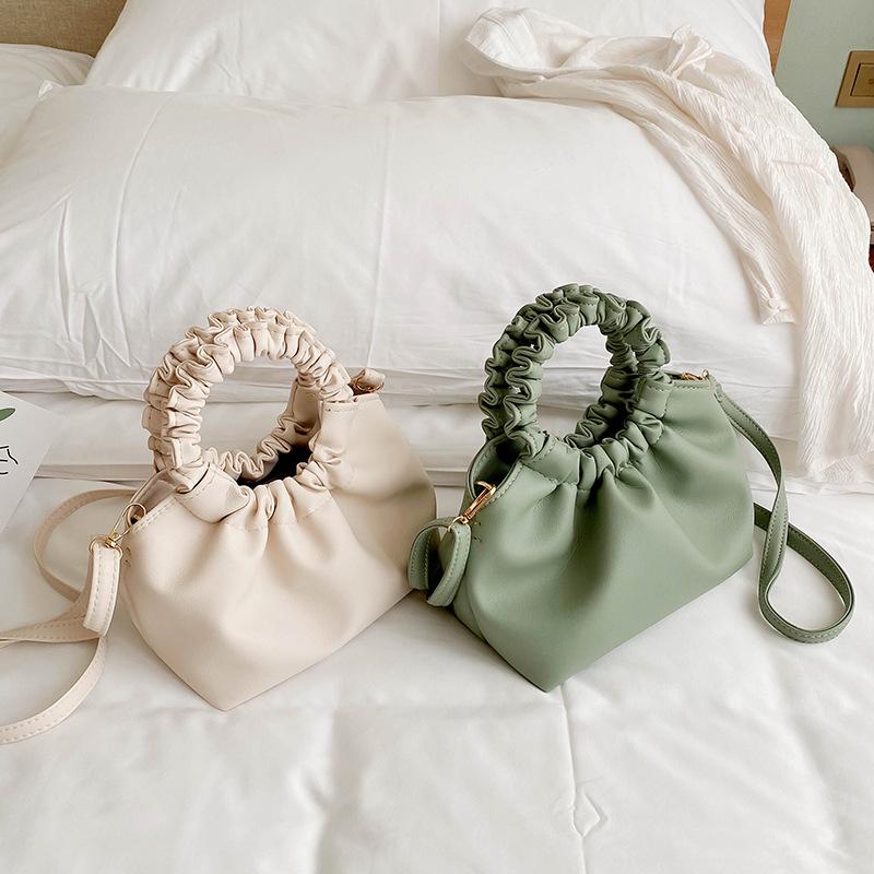 2025 Summer New Fresh Literary Women's Bag Solid Color Messenger Bag Wrinkled Texture Portable Oblique Span Bag Women